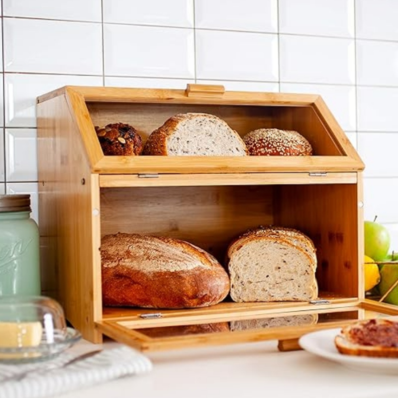 Bambusowa pudełkona chleb do blatu kuchennego - podwójna warstwowa przechowywanie chleba z przezroczystymi oknami - rustykalny pojemnikna chleb w stylu wiejskim